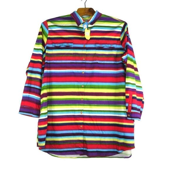 L&B Bright Stripes Button Down Shirt Dress Size 3XL Floral Buttons Pockets NEW - Picture 1 of 9